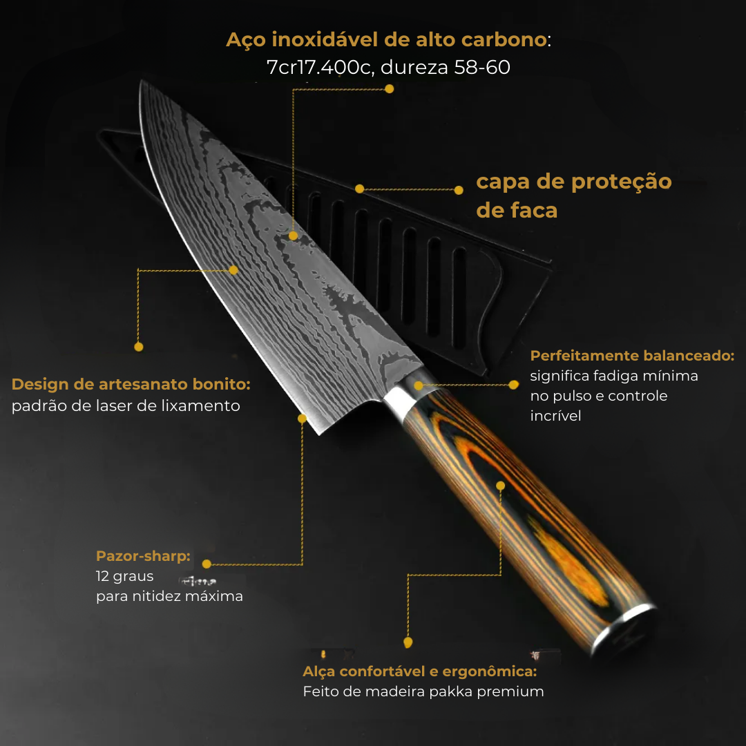 Combo 3 Facas Master Acabamento Aço Damasco + Amolador 4 em 1 Bufaluz