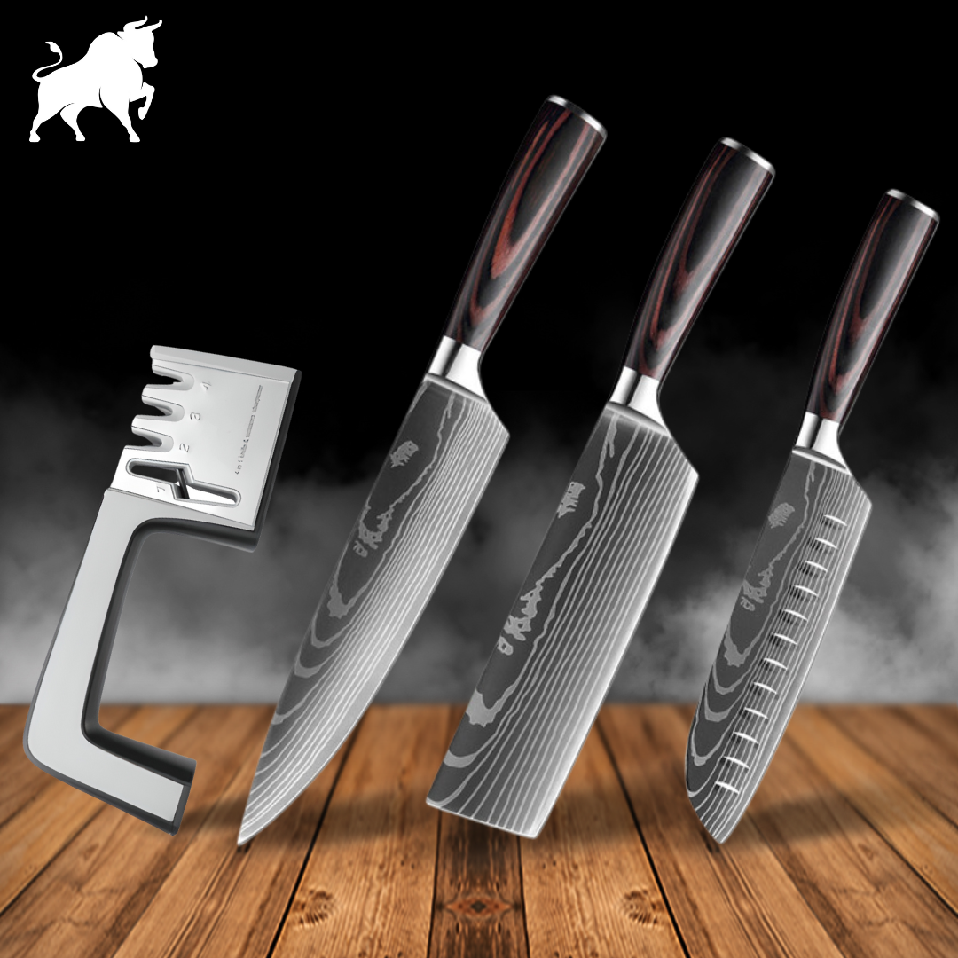 Combo 3 Facas Master Acabamento Aço Damasco + Amolador 4 em 1 Bufaluz