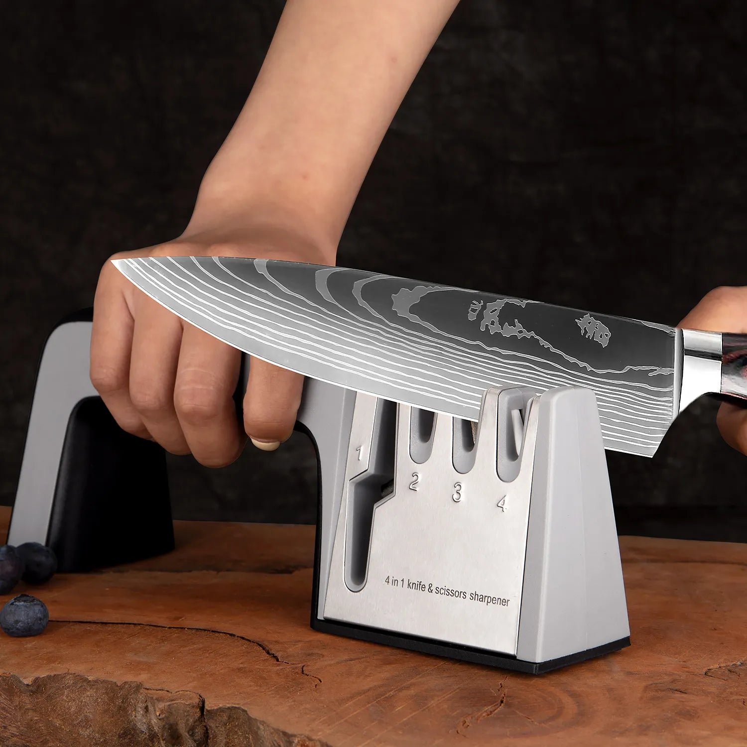 Combo 3 Facas Master Acabamento Aço Damasco + Amolador 4 em 1 Bufaluz